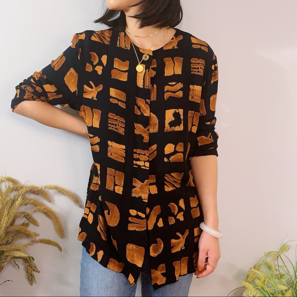 Vintage Geometric Design Long Sleeve Blouse Med